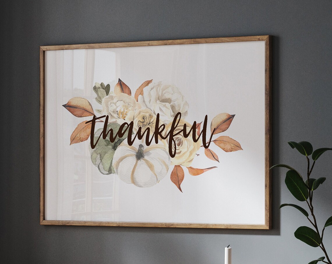 Thankful Watercolor Pumpkin Floral Thanksgiving Seasonal Print - Image 2