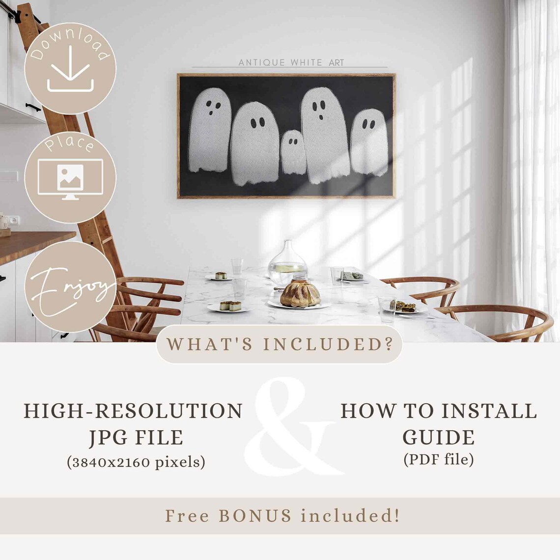 Five Fuzzy Gray Ghosts On Black Background Cute Minimalist Halloween Poster - Image 4