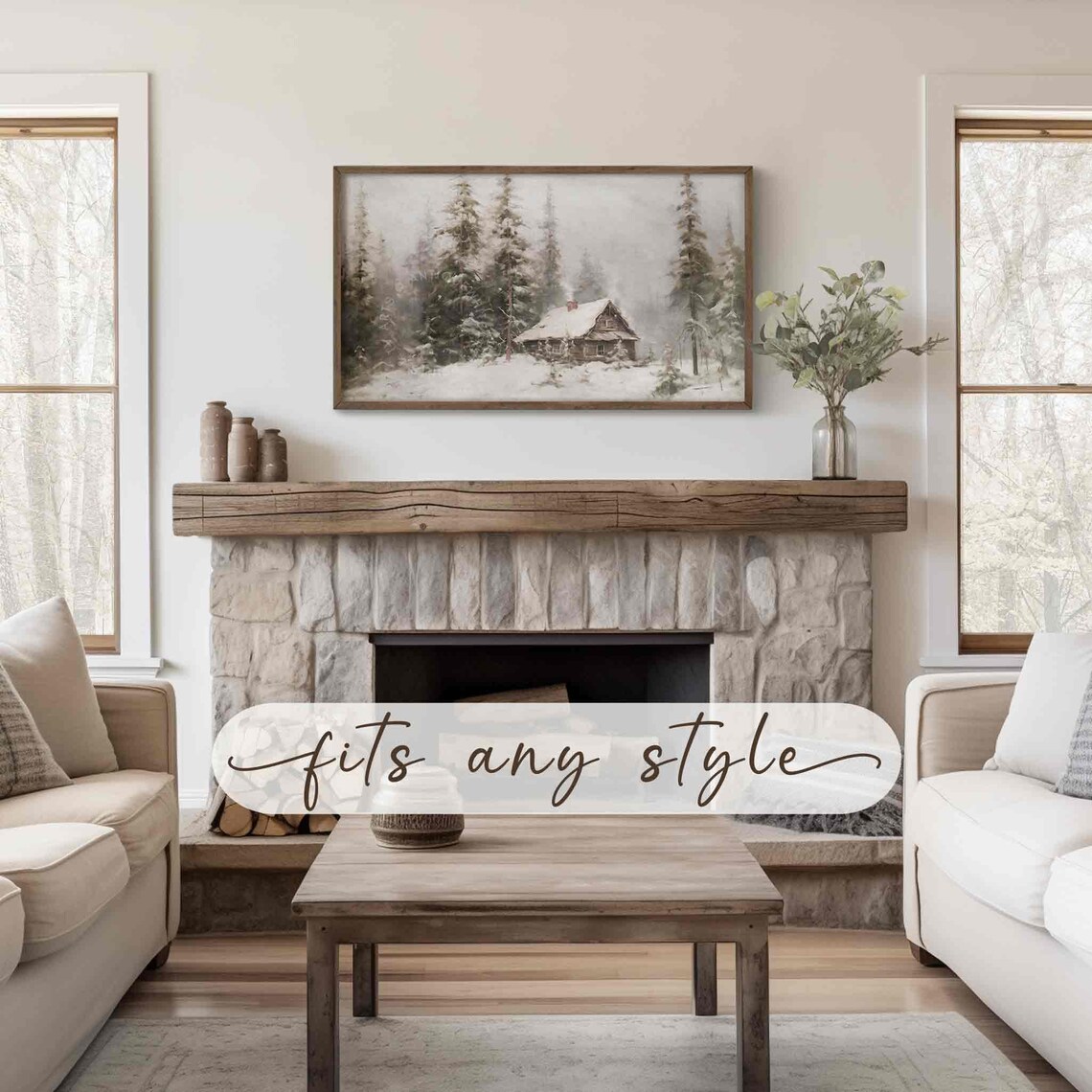 Winter Cabin Rustic Oil Painting, Winter Landscape - Image 2