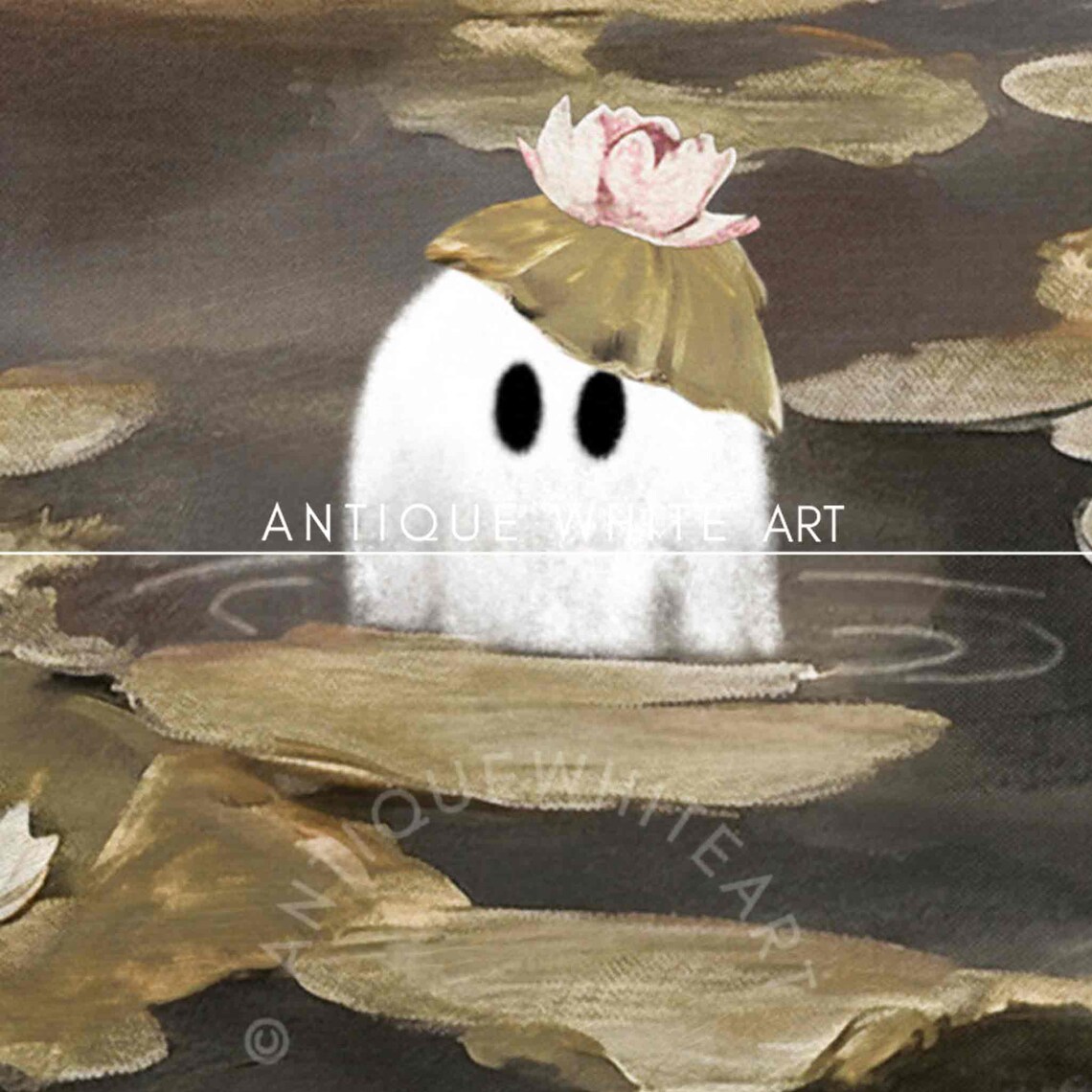 Cute Ghost Hiding Water Lily Pond Vintage Painting Halloween Frame Tv Poster - Image 3