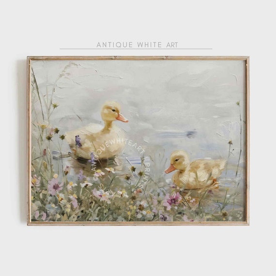 Easter Wall Art Ducklings Easter Print Spring Decor Cute Baby Duck Art Vintage Wildflowers Painting Instant A208