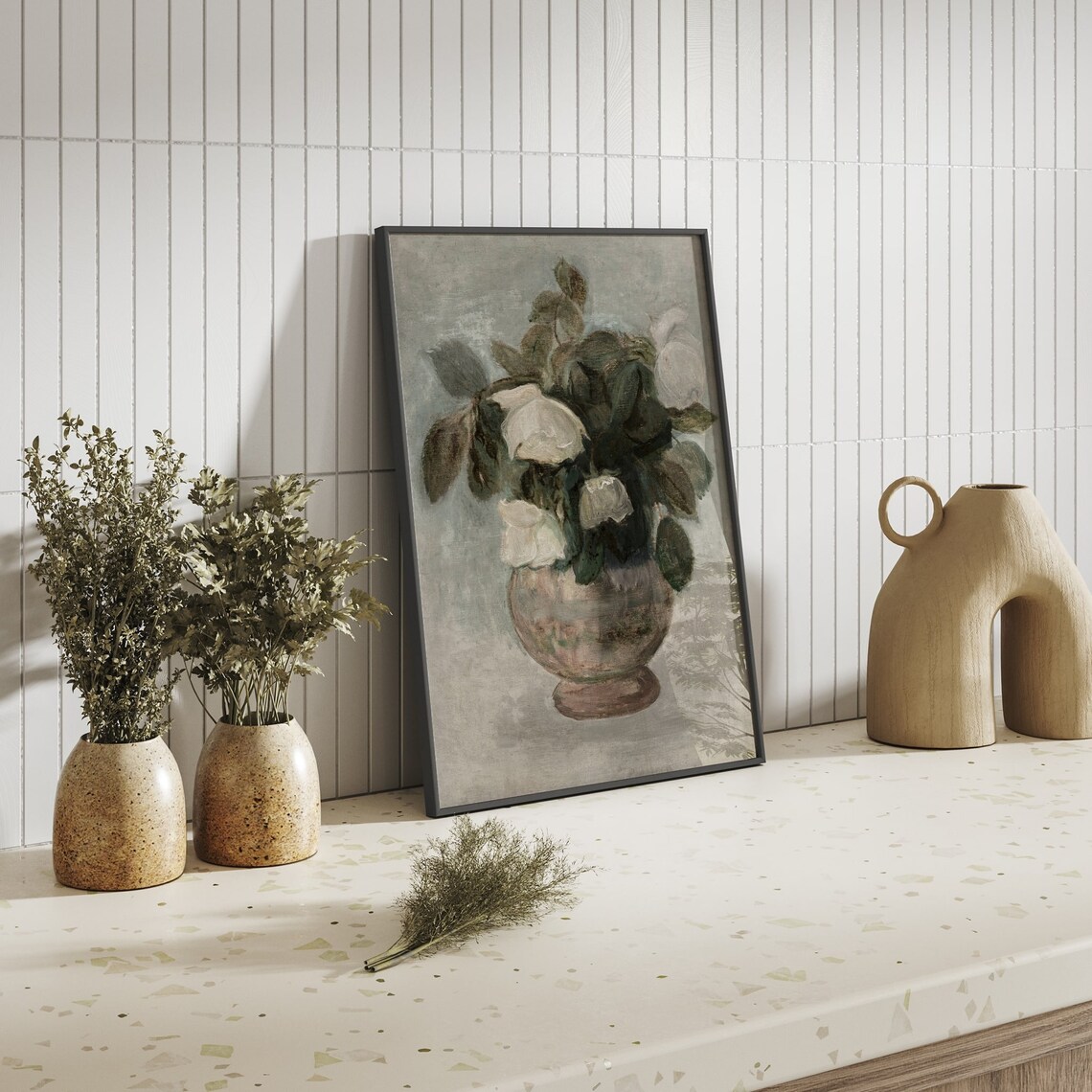 Antique Rustic Flower Vase With White Roses Print - Image 4