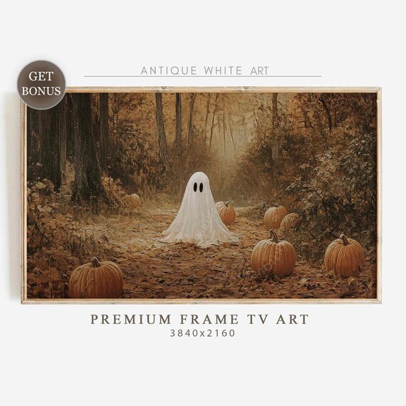 Sheet Ghost In Moody Autumn Forest Among Pumpkins Vintage Fall Halloween Poster