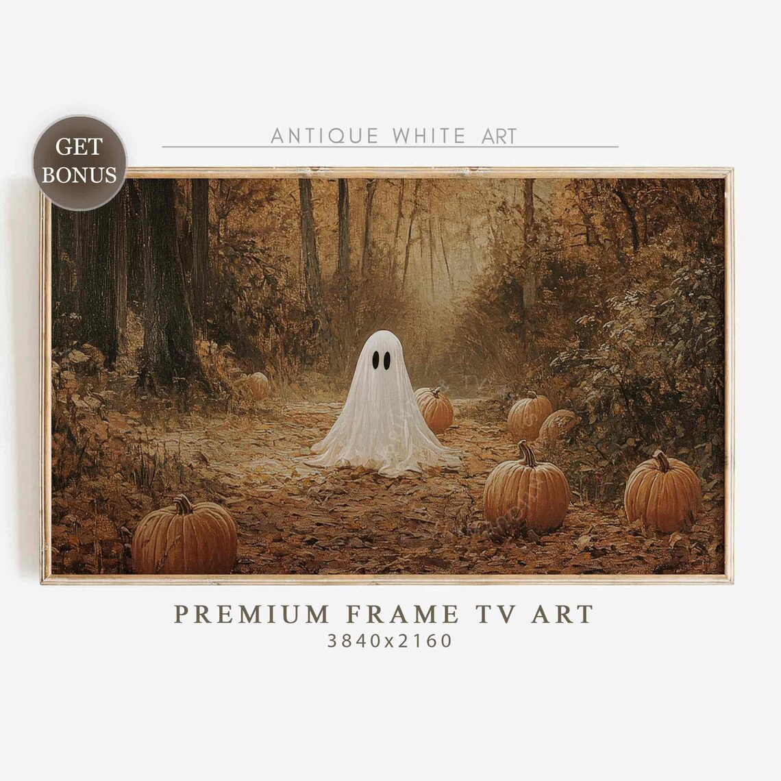 Sheet Ghost In Moody Autumn Forest Among Pumpkins Vintage Fall Halloween Poster