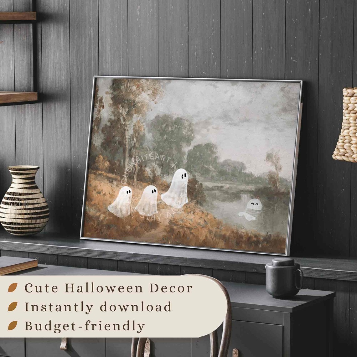 Cute Ghosts Autumn Field And Pond Vintage Oil Painting Halloween Art Poster - Image 3