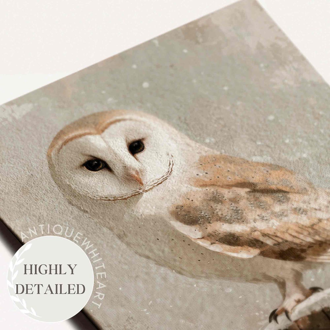 Barn Owl Perched On Snowy Post Neutral Winter Painting Wall Art - Image 2