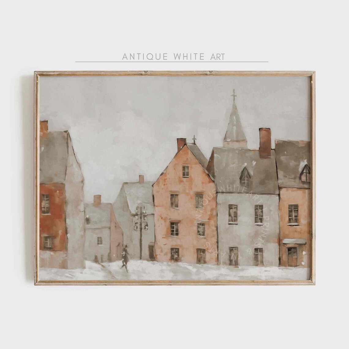 Muted Winter Village Street Church Pastel Houses Snow Travel Poster