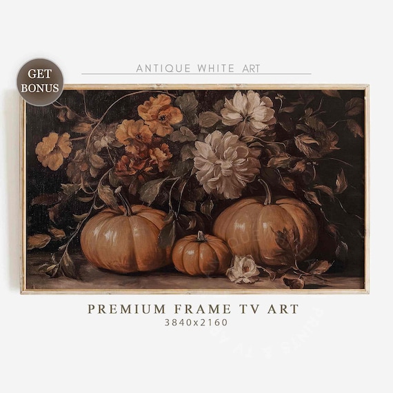 Moody Pumpkins Dark Fall Flowers Still Life Vintage Frame Tv Art Poster