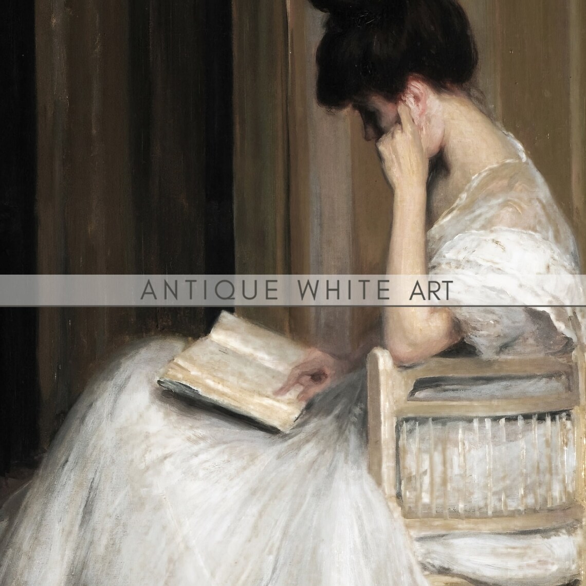 Woman in White Dress Reading Book Antique European Oil Portrait Print - Image 2