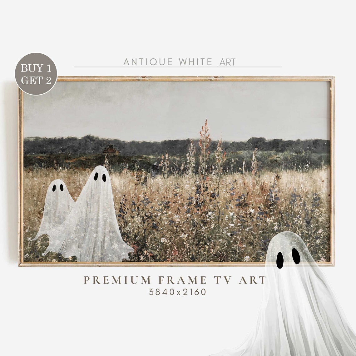 Cute Ghosts Autumn Meadow Vintage Halloween Spooky Cute Art Poster