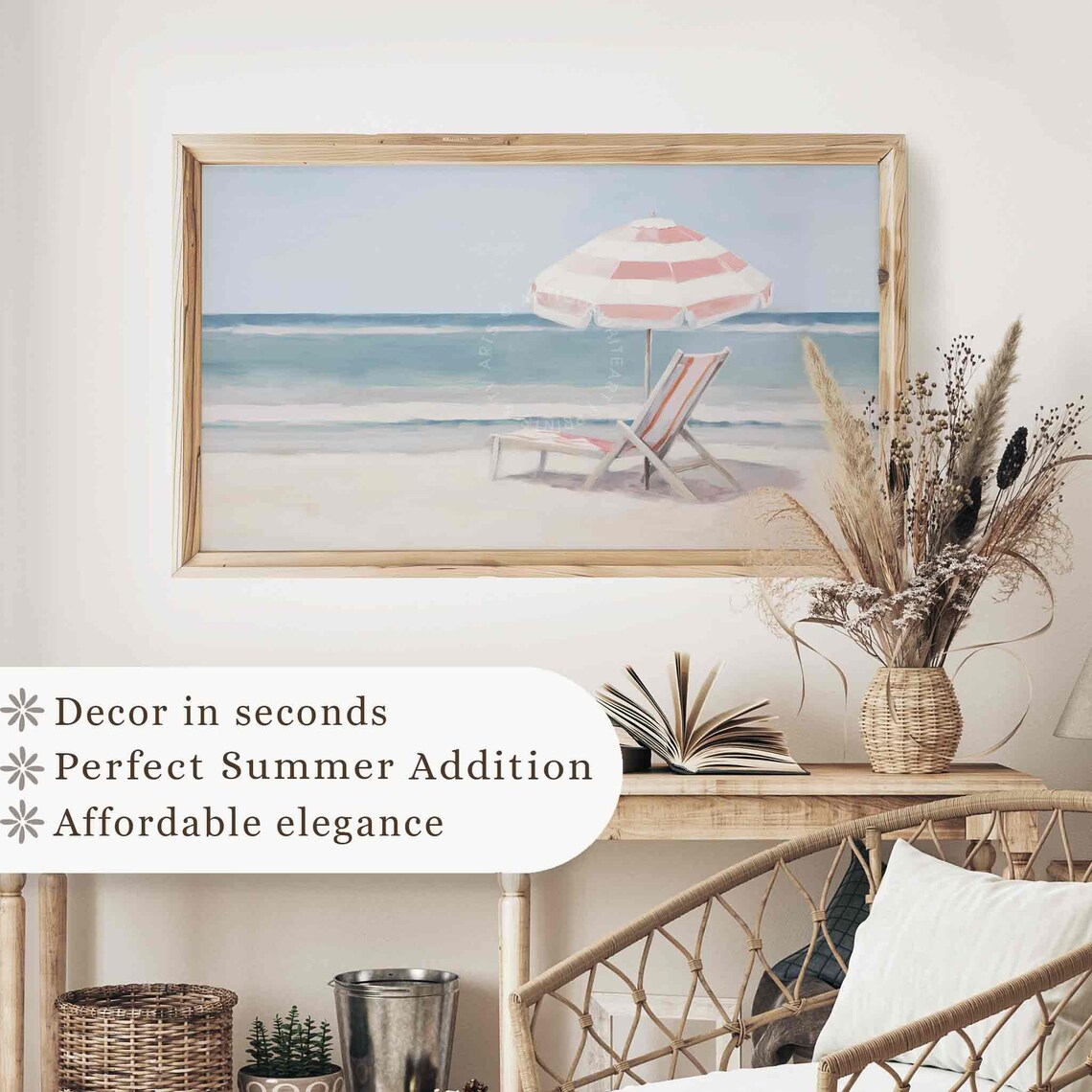Pastel Pink Beach Umbrella Lounge Chair Serene Shore Painting Poster - Image 2