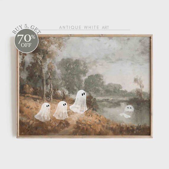Cute Ghosts Autumn Field And Pond Vintage Oil Painting Halloween Art Poster