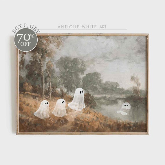 Halloween Print Cute Ghosts Fall Wall Art Vintage Autumn Painting Farmhouse Halloween Decor Fall Season Art Print A283