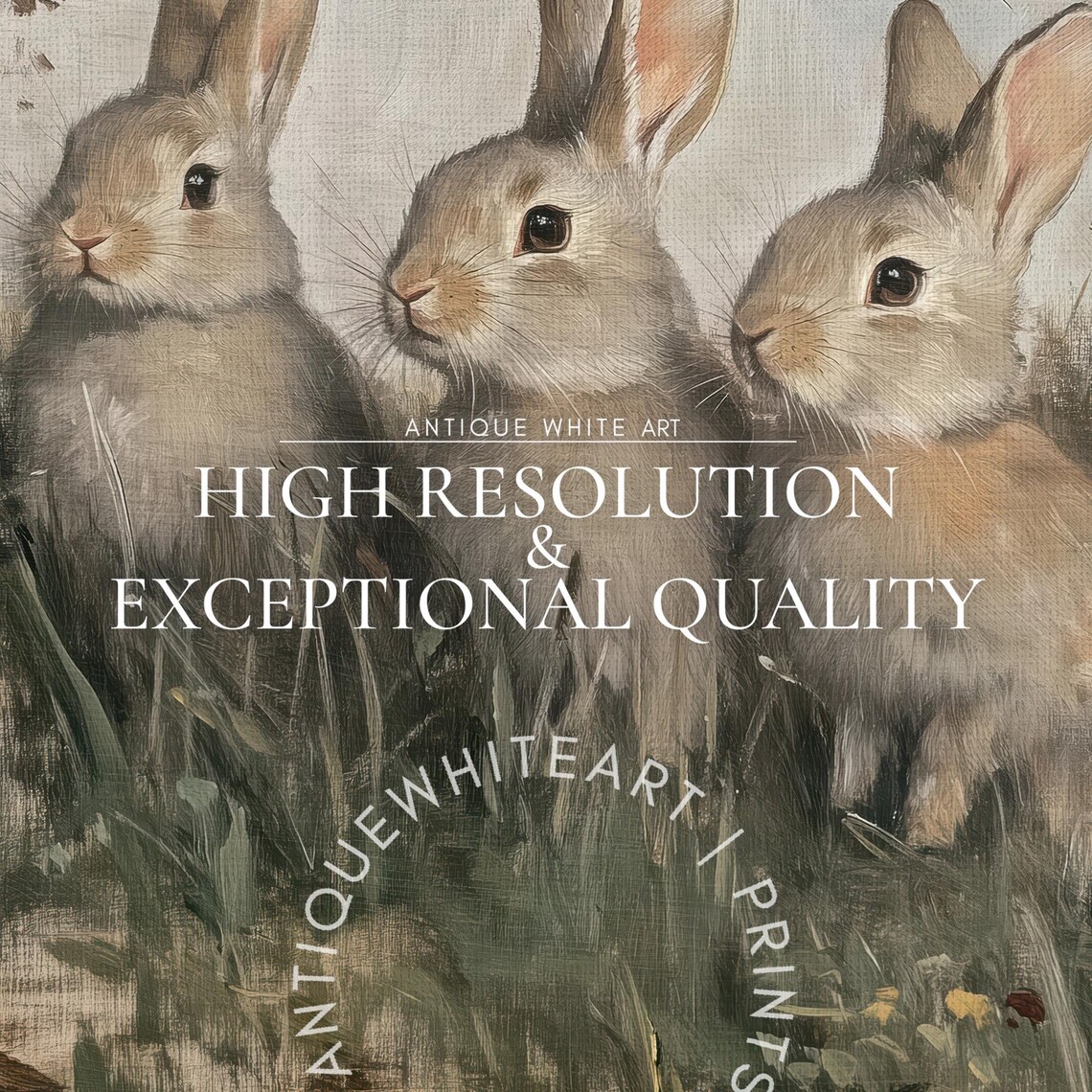 Three Rabbits Meadow Vintage Painting Antique Bunny Rabbit Easter Art Print - Image 3