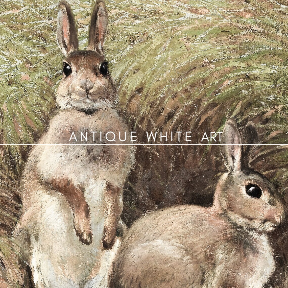 Vintage Pair of Rabbits in Grass Antique Rabbit Painting Wall Art - Image 2