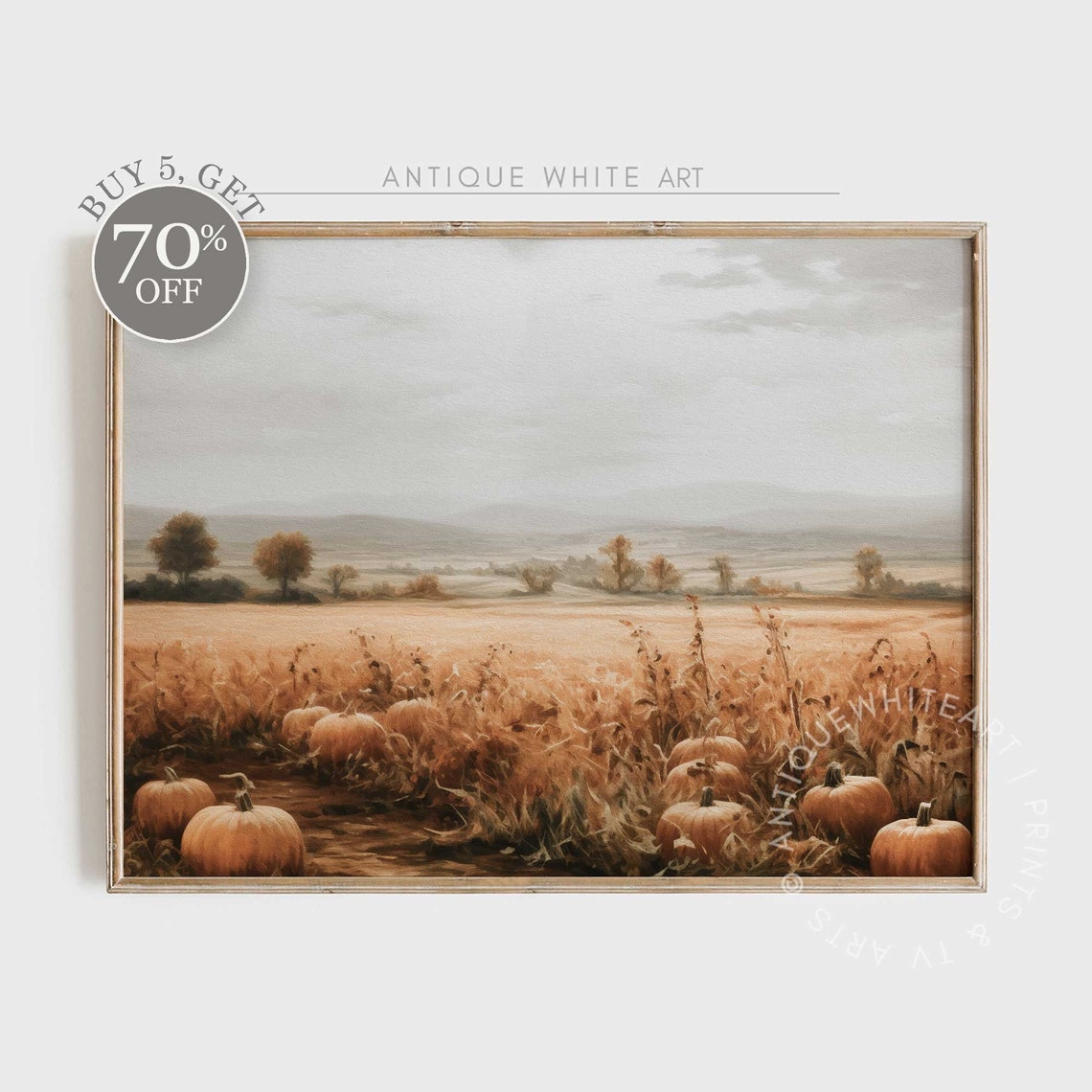 Pumpkin Patch Golden Field Autumn Harvest Rows Vintage Farmhouse Print