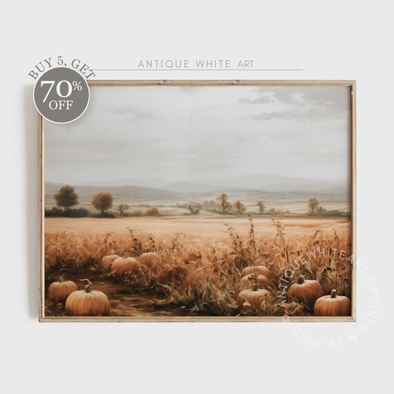 Pumpkin Patch Golden Field Autumn Harvest Rows Vintage Farmhouse Print