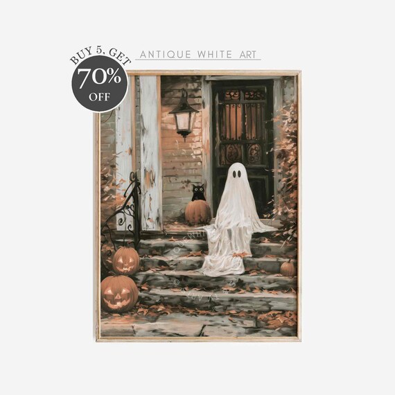 Spooky Cute Ghost On Rustic Porch Steps Autumn Pumpkin Farmhouse Halloween Poster