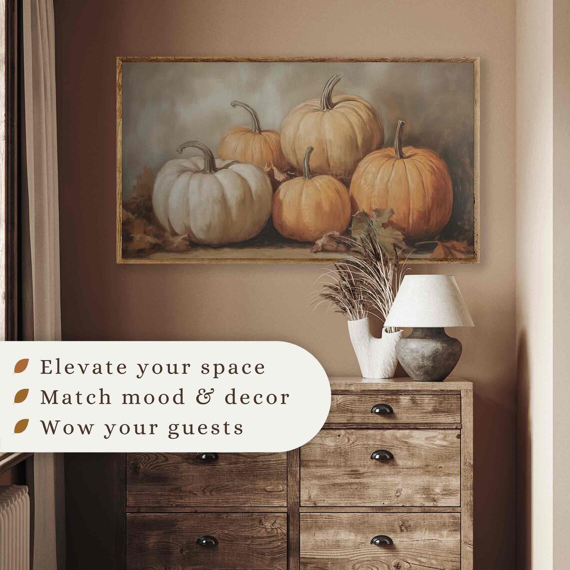 White And Orange Pumpkins Still Life Vintage Neutral Fall Harvest Art Poster - Image 2