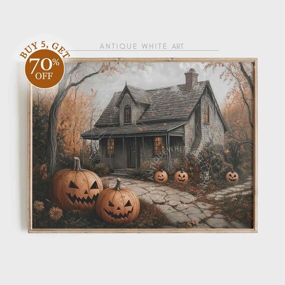 Haunted Cottage Jack-O-Lanterns Autumn Spooky Halloween Farmhouse Poster