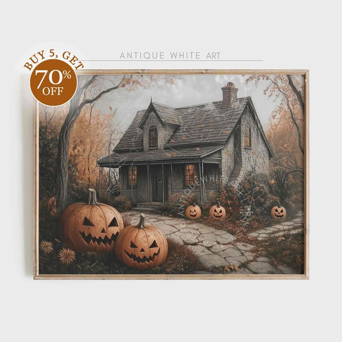 Haunted Cottage Jack-O-Lanterns Autumn Spooky Halloween Farmhouse Poster