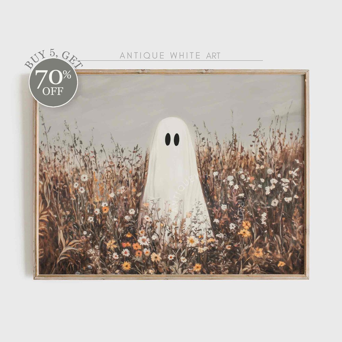 Cute Ghost in a Wildflower Field, Farmhouse Halloween Art Print