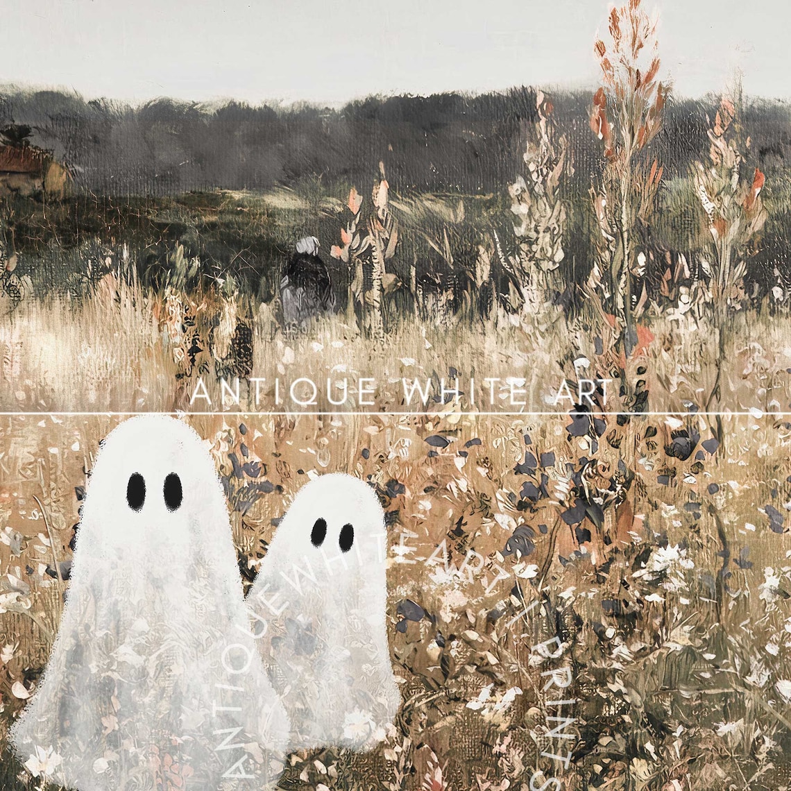 Cute Ghost Halloween Wall Art, Autumn Wildflowers Art Print - Image 3