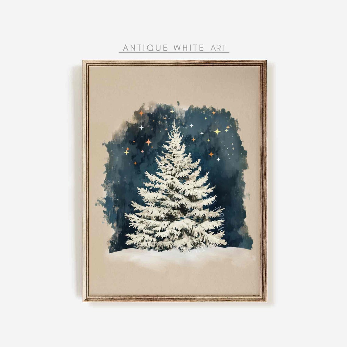Snowy White Pine Tree Under Starry Night Sky Christmas Wall Art