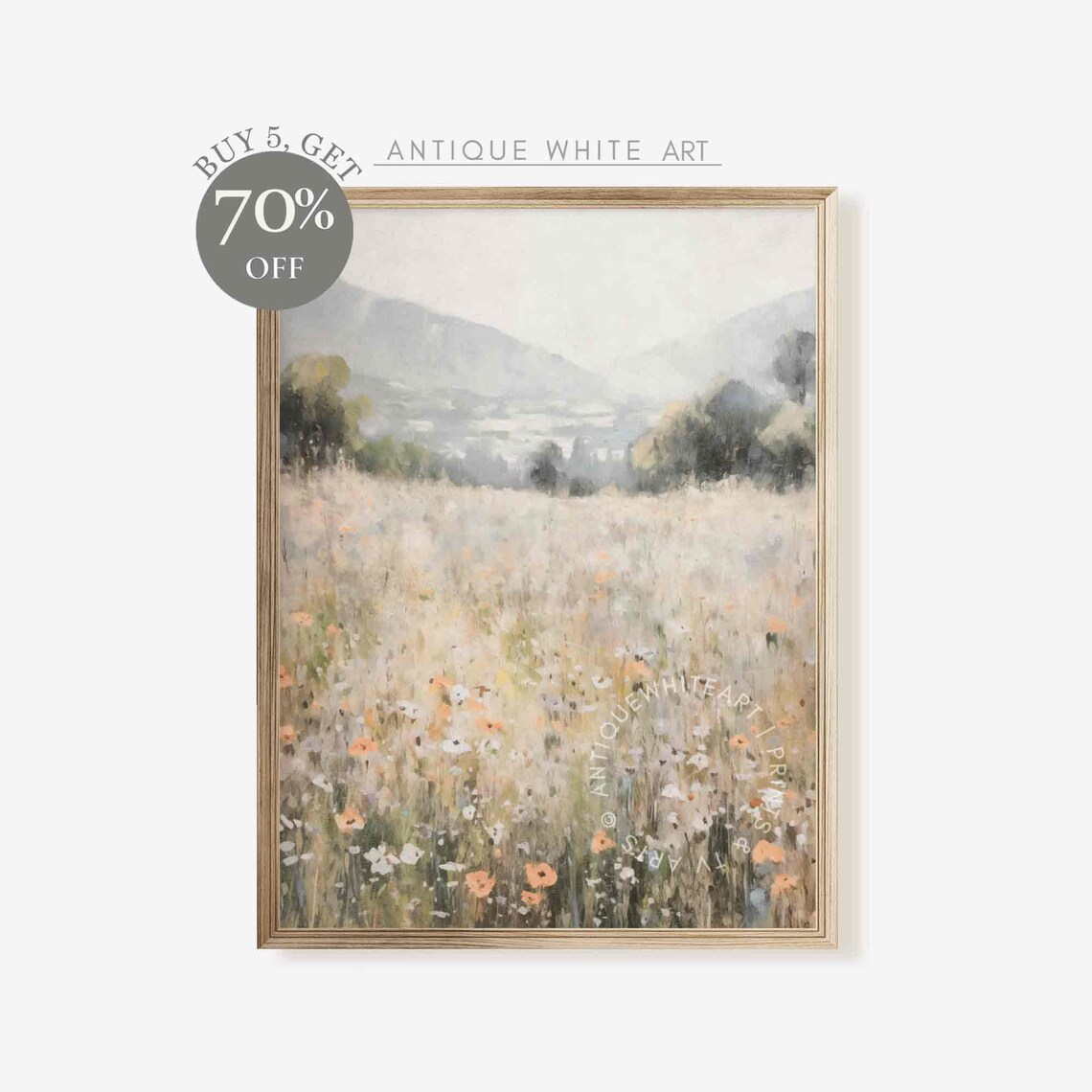 Vintage Wildflower Field Mountain View Warm Tone Art Wall Print