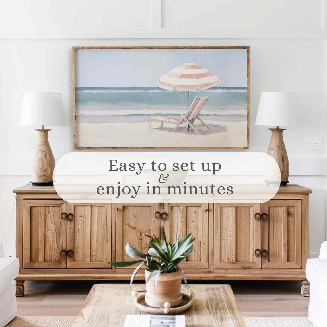 Pastel Pink Beach Umbrella Lounge Chair Serene Shore Painting Poster - Image 4