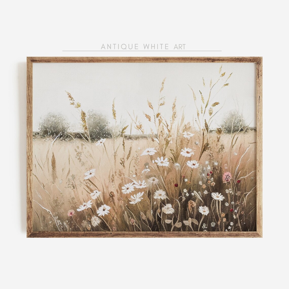 White Daisies in Golden Meadow Vintage Wildflower Landscape Poster