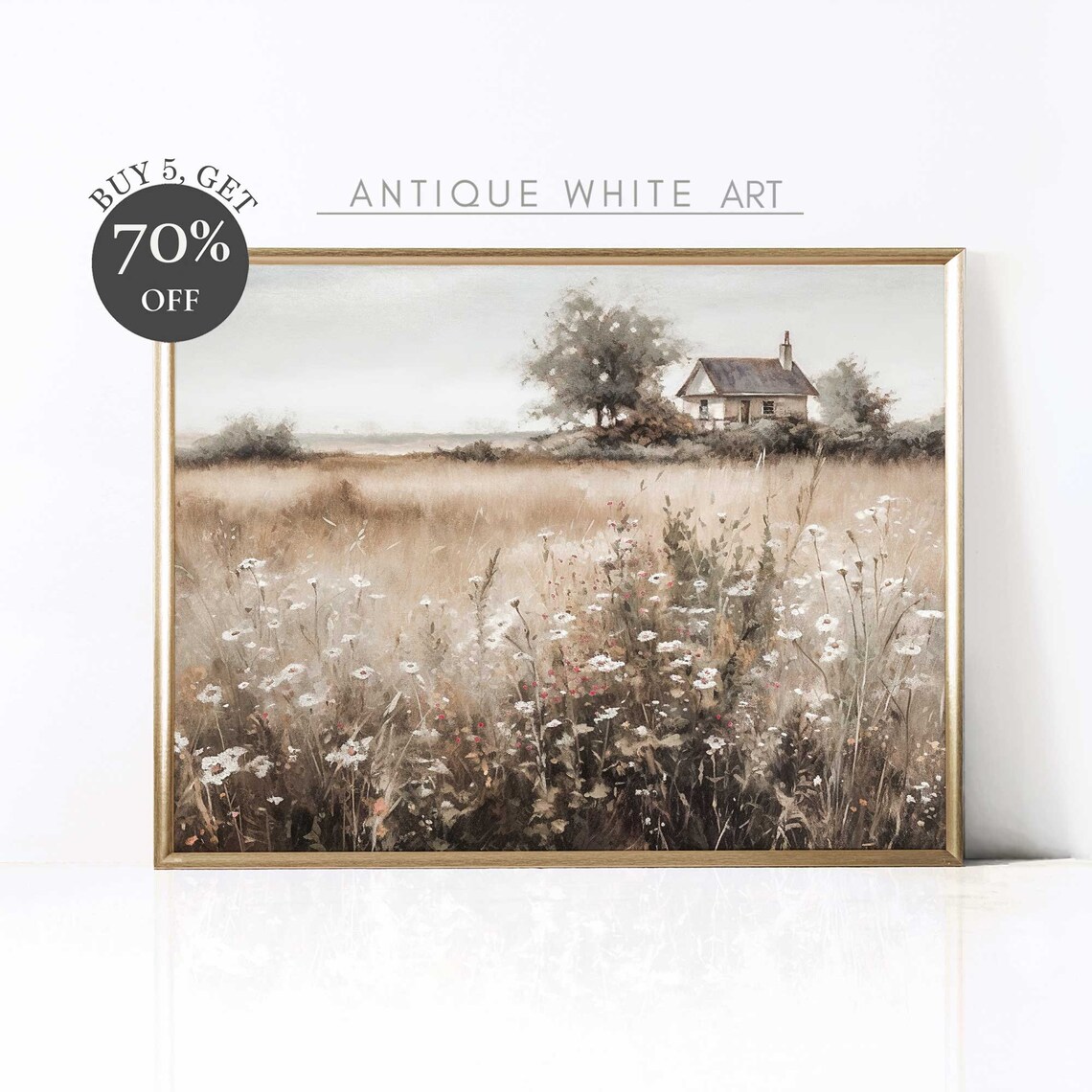 Wildflower Field Landscape Vintage Farmhouse Art Print
