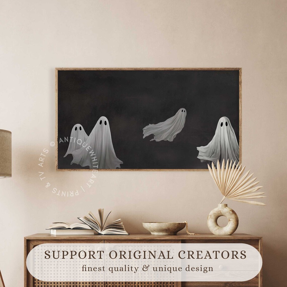 Four Floating Sheet Ghosts On Dark Background Monochrome Vintage Halloween Poster - Image 3