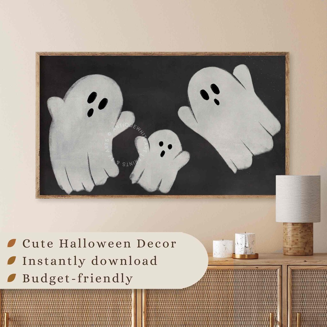 Three Cute White Ghosts Floating On Black Background Playful Halloween Poster - Image 4