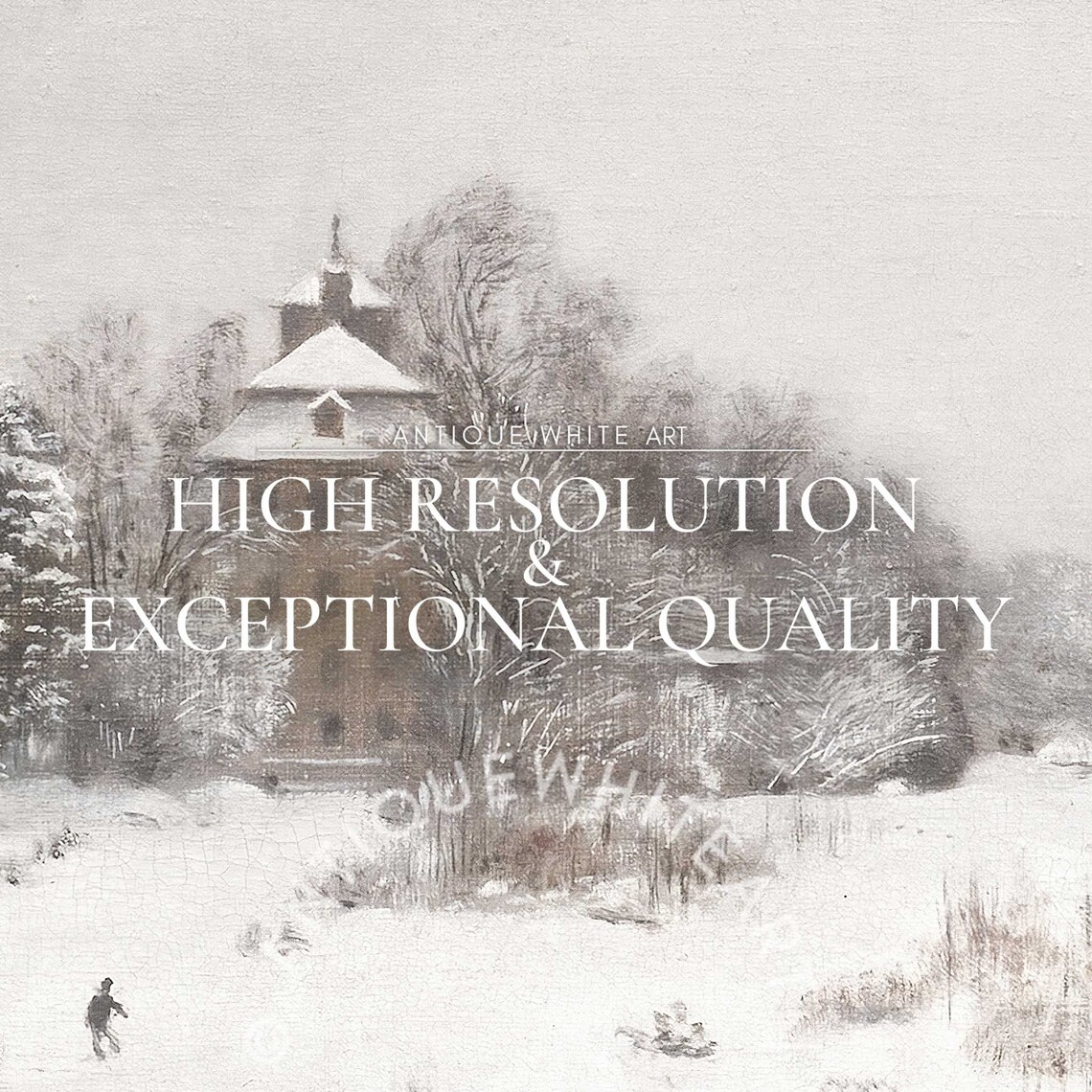 Gray Tonal Snowy Winter Manor Landscape Vintage Oil Wall Art Print - Image 4