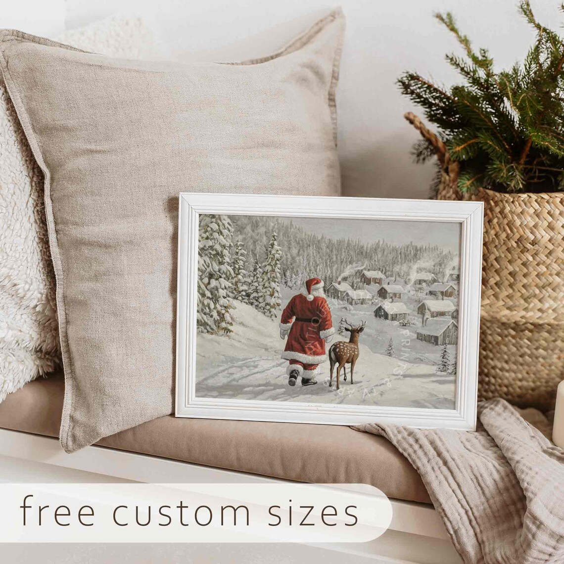Santa Claus Walking With Reindeer Through Snowy Village Poster - Image 3