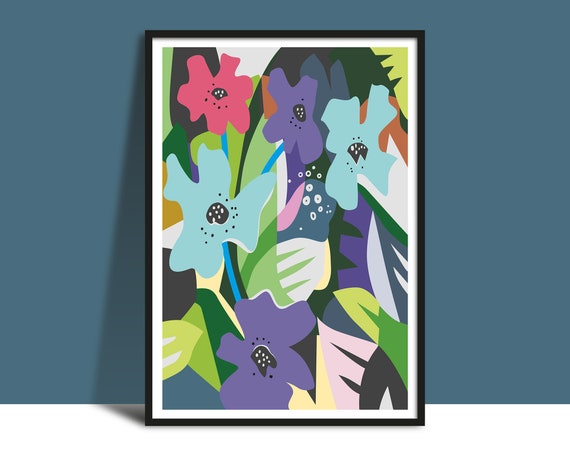 Flowers Abstract Collage Wall Art Instant Printable Blue Pink Purple Flower Print Hand Drawn Flowers Bold Shapes Lines