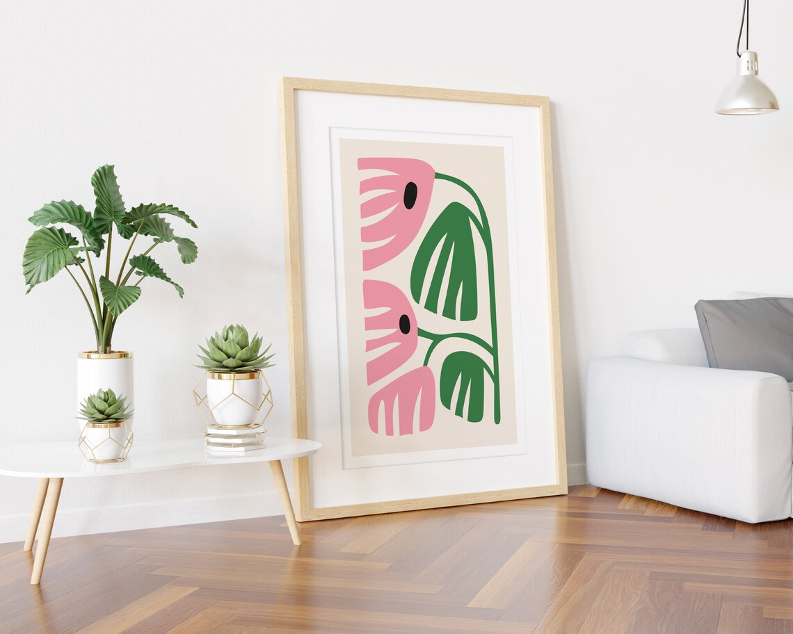 Minimalist Pink Flowers and Green Leaves on Cream Art Poster - Image 3