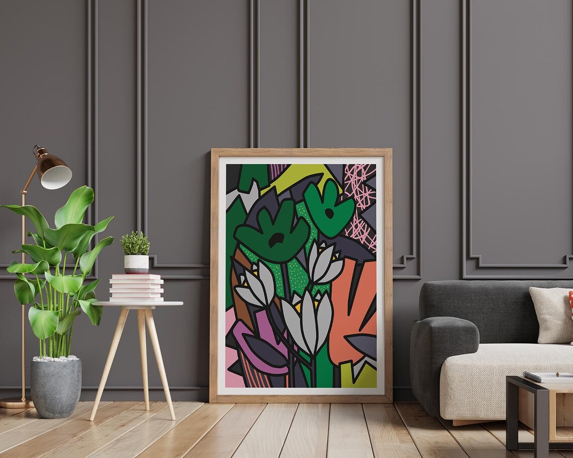 Pop Art Floral Collage Green Tulips Bold Outlines Graphic Print - Image 2