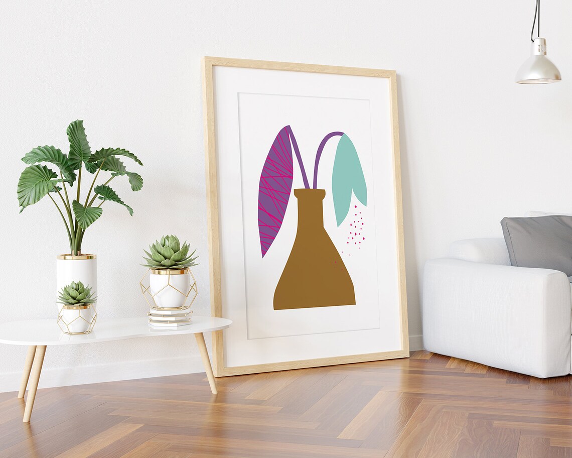 Minimalist Tan Vase with Drooping Purple and Teal Leaves Poster - Image 3