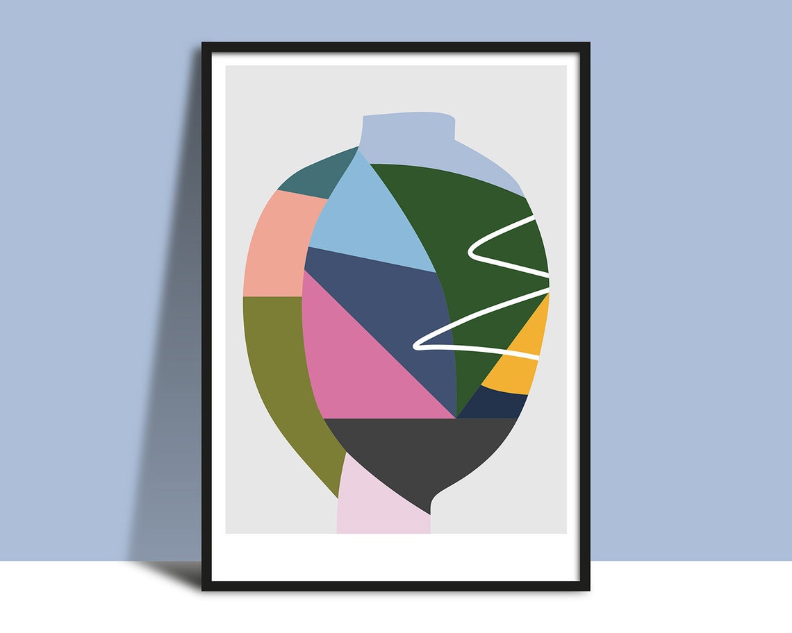 Geometric Color Block Vase with White Zigzag Line Art Poster