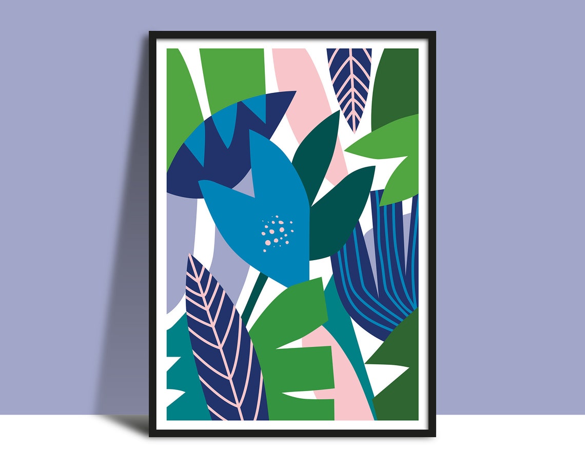 Blue Flower And Bold Green Leaves Abstract Botanical Art Poster