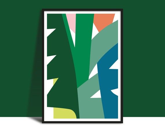 Instant Leaves Botanical Wall Art Abstract Contemporary Poster Bold Leaf Poster Printable Modern Green Orange Pink Blue Print