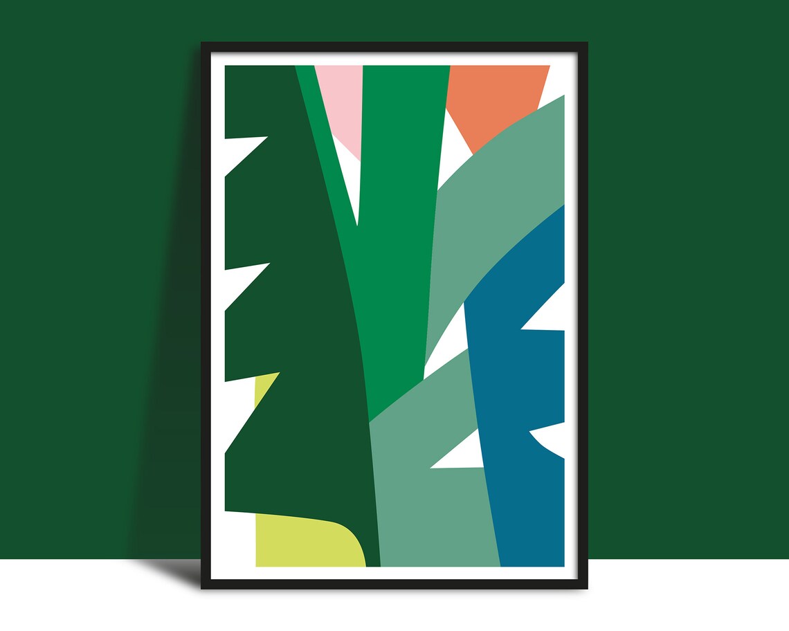 Abstract Bold Leaf Poster in Green Orange Pink Blue and Yellow