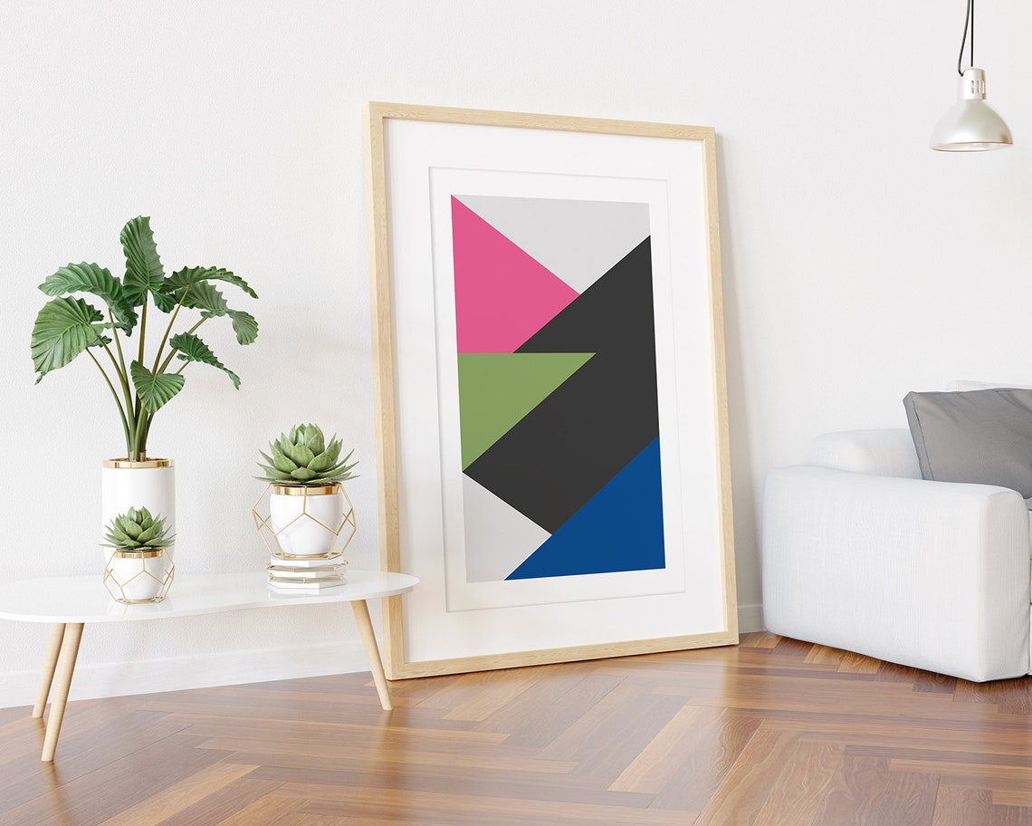 Pink Green Charcoal Blue Abstract Triangle Geometric Wall Art - Image 3