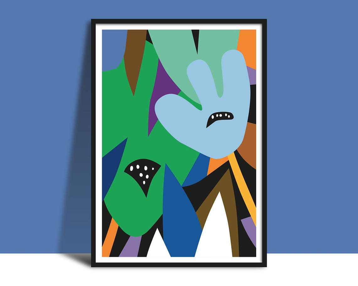 Bold Abstract Botanical with Big Blue Flower Green Leaves Poster