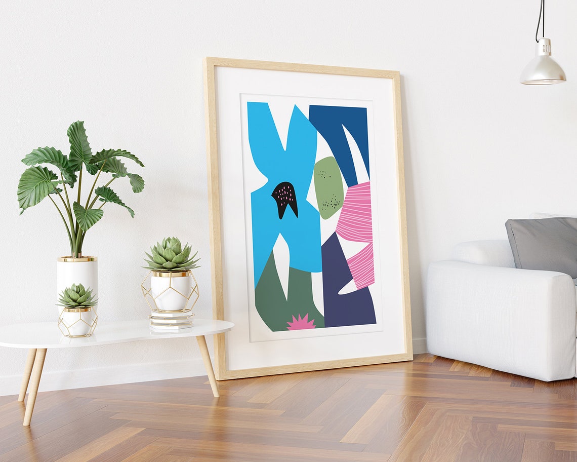 Bright Blue Abstract Flower Shape Pink Contemporary Art Poster - Image 3