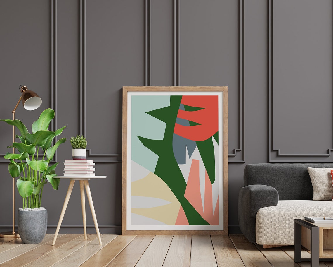 Bold Green and Coral Abstract Leaves Modern Botanical Poster - Image 2
