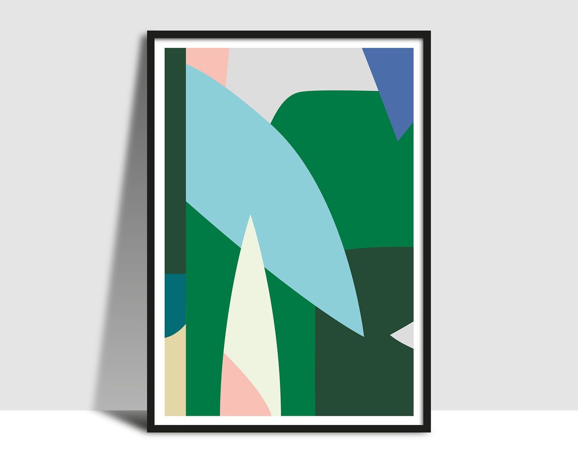 Abstract Botanical Leaf Shapes Poster in Green Blue and Pink