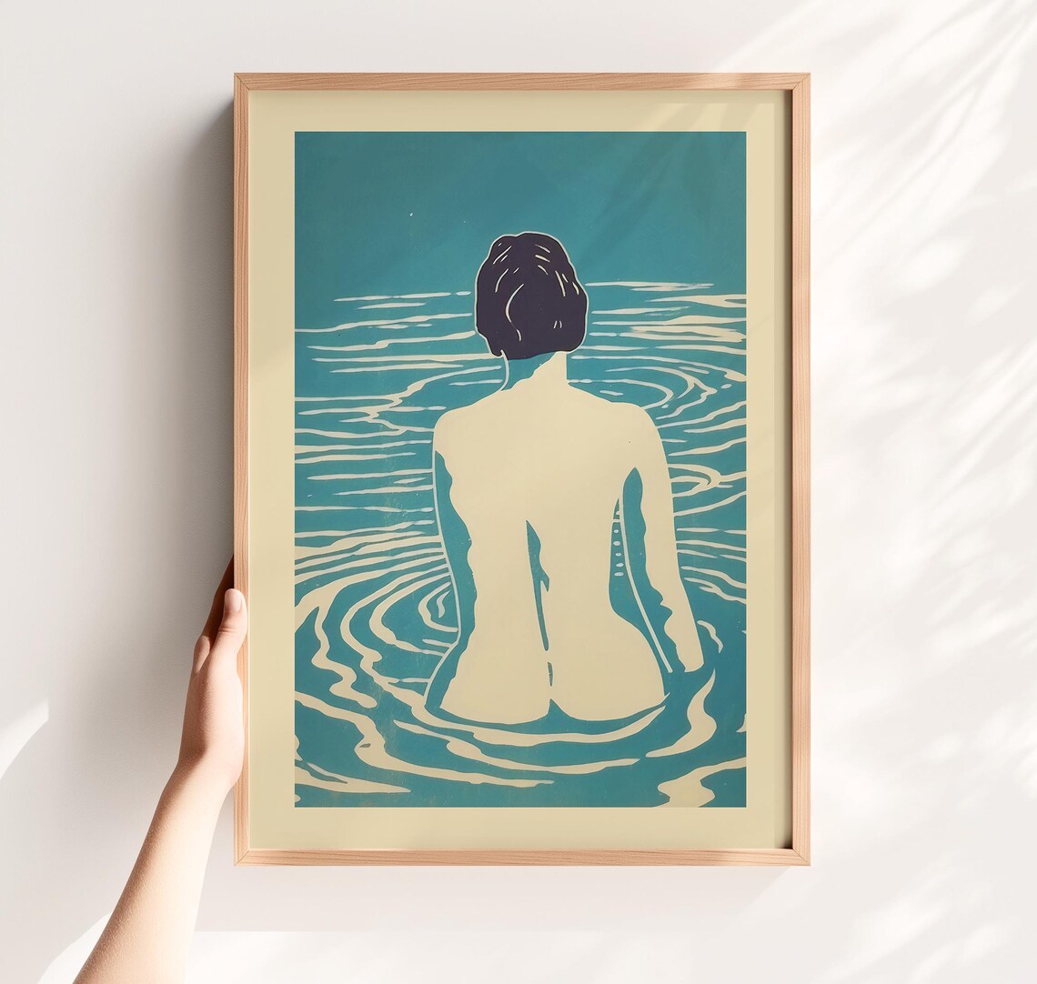 Woman Swimming Blue Water Minimalist Japanese Style Bath Wall Art